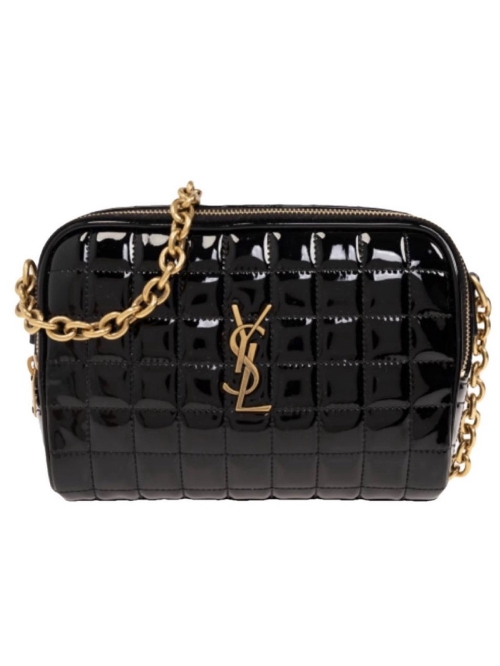 SAINT LAURENT Cassandra monogram quilted patent camera crossbody bag